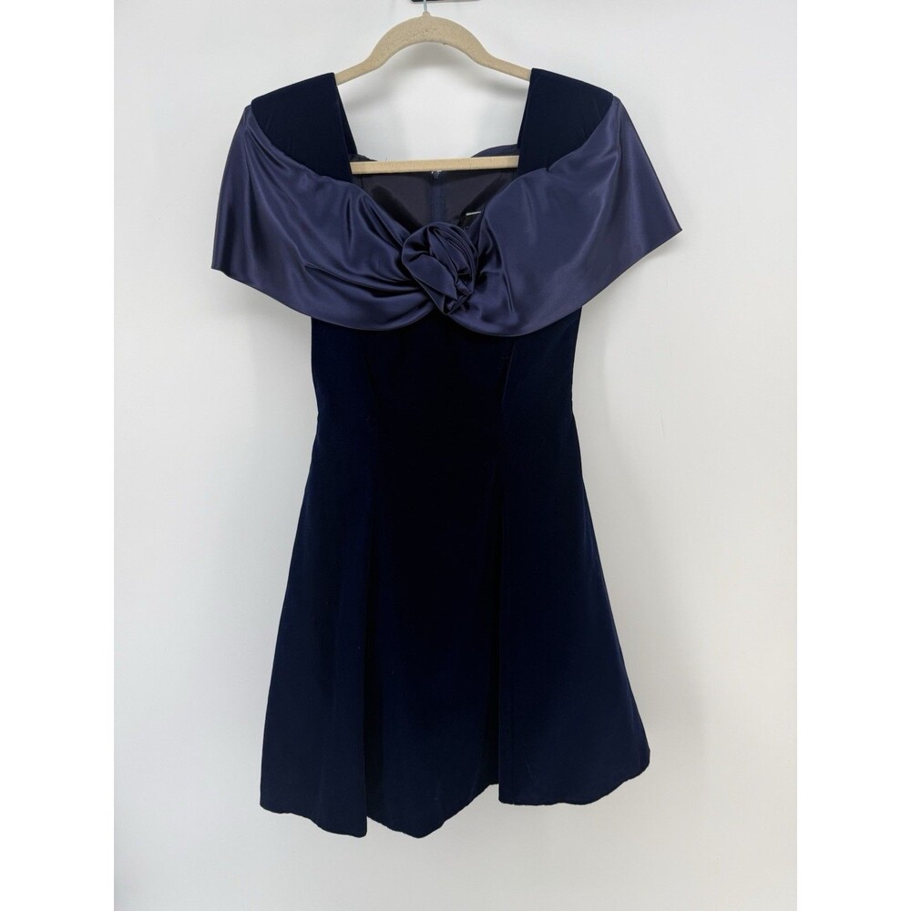 Vtg Steppin' Out 80s Purple Velvet Mini Dress Off the Shoulder Rose Cocktail 3